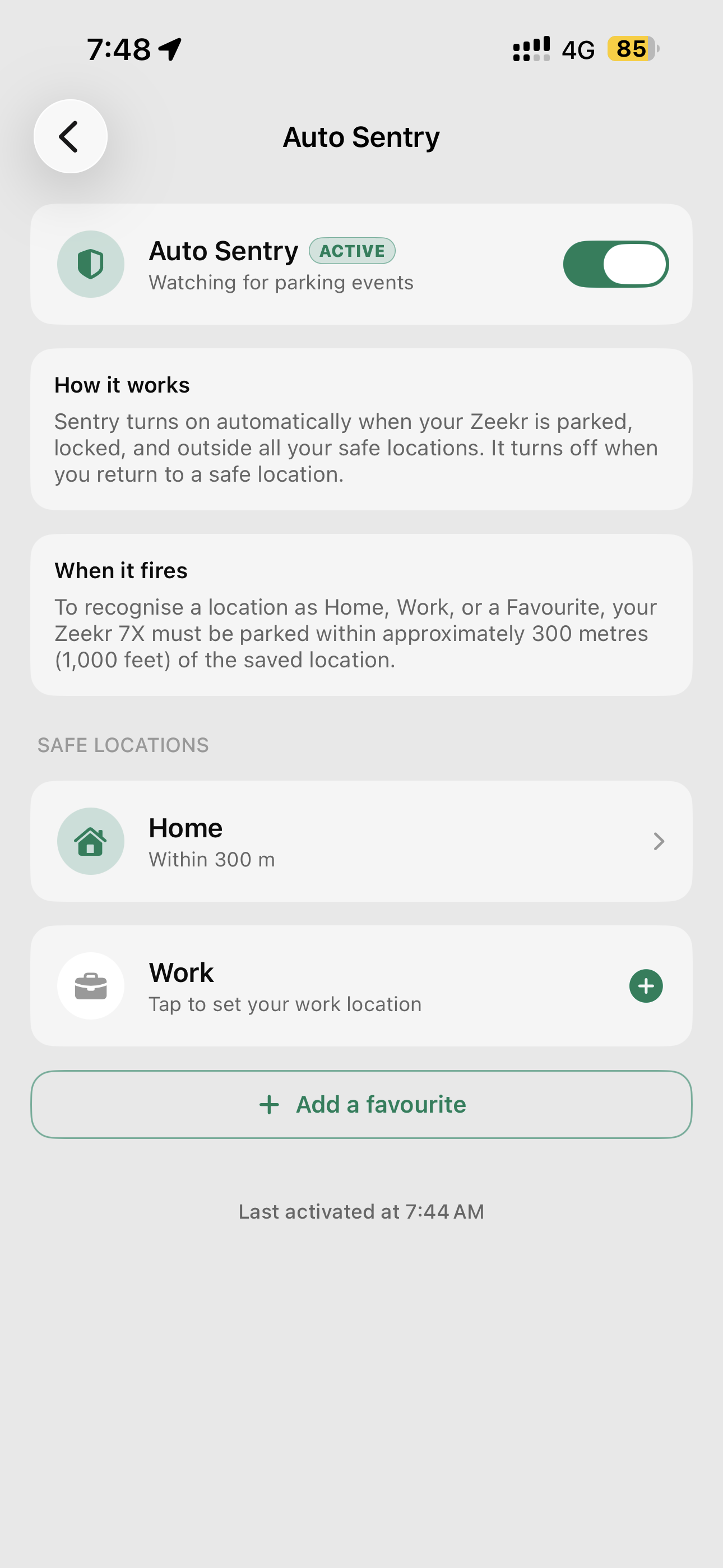 Auto Sentry screen in the iOS app