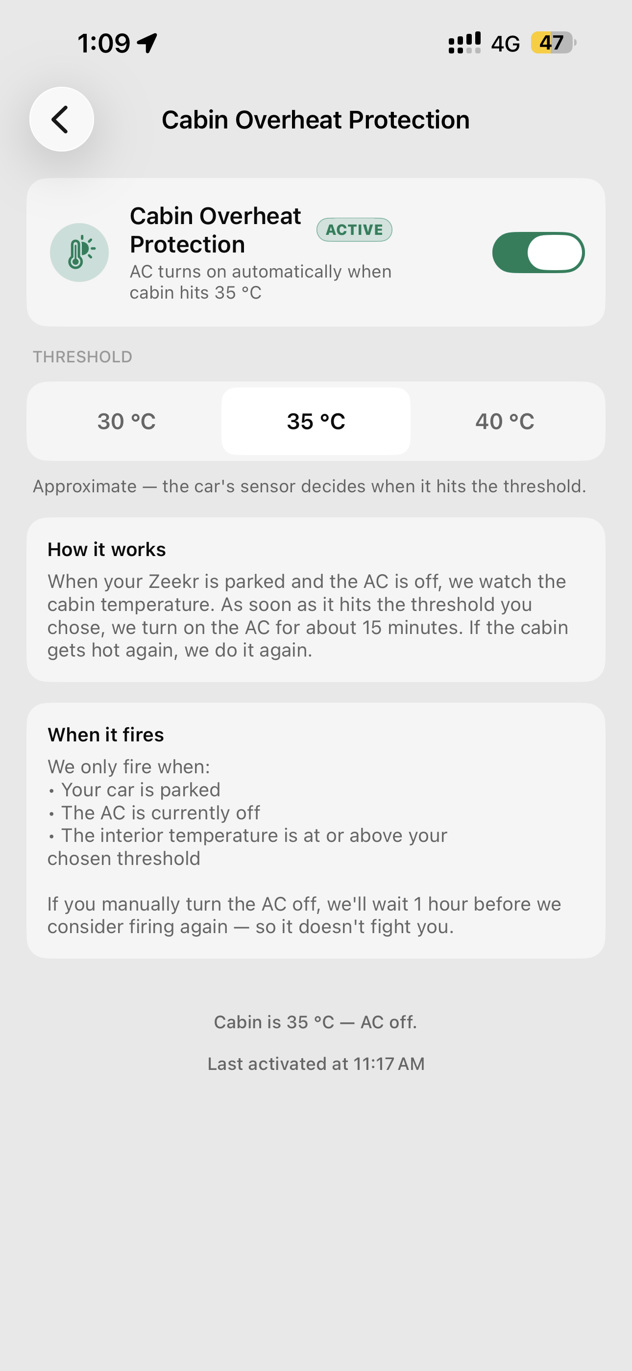 Cabin Overheat Protection screen in the iOS app