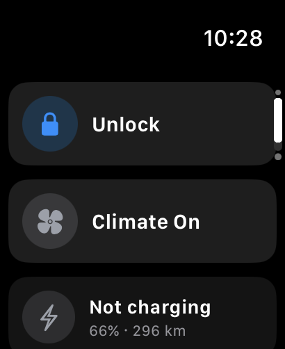 MyZeekr on Apple Watch — quick actions list.