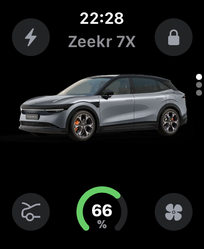 MyZeekr on Apple Watch — battery dashboard with corner controls.