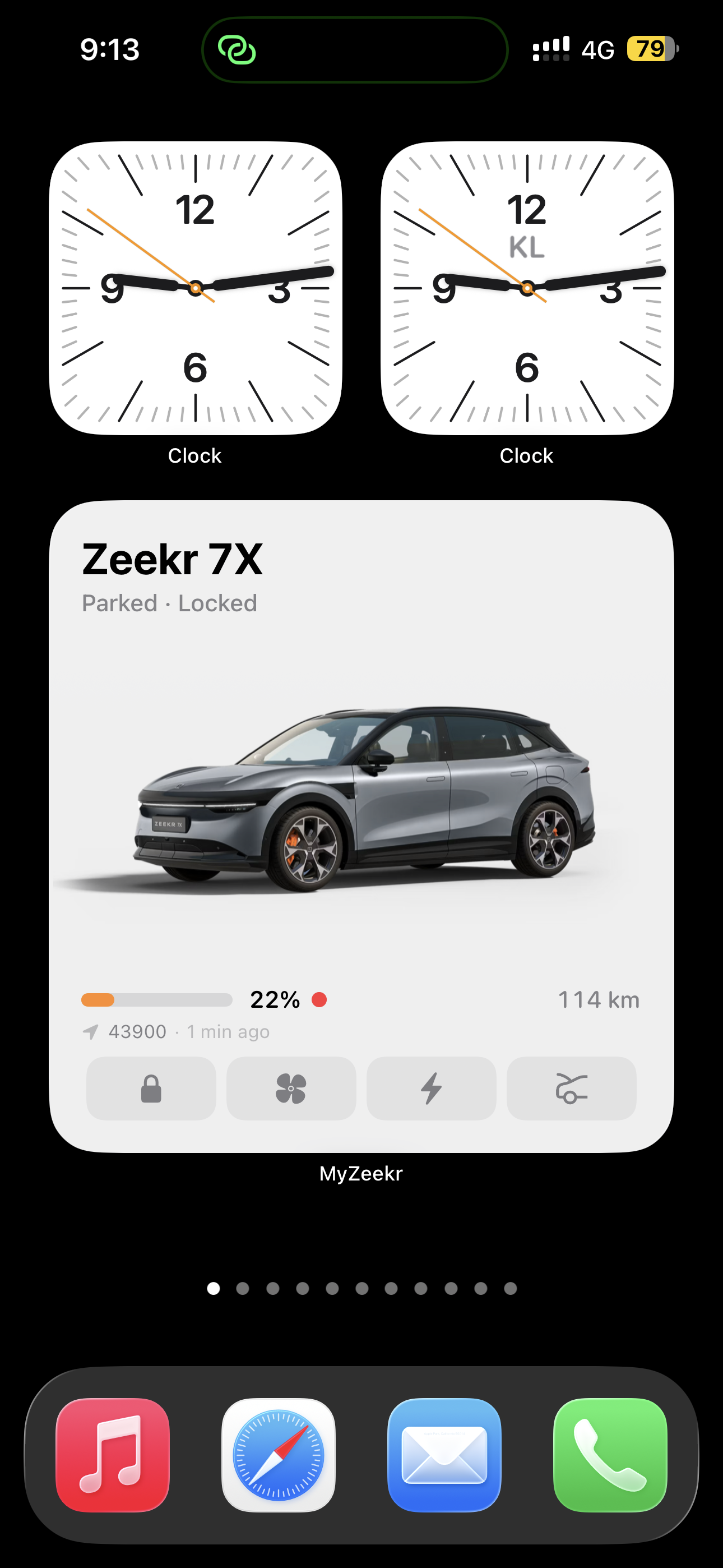 MyZeekr Large widget on iOS Home Screen — full battery + range, parked state, last updated, action pills.