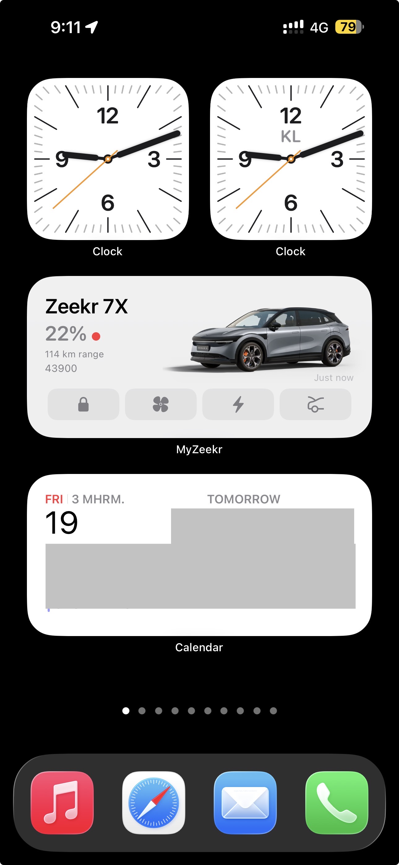 MyZeekr Medium widget on iOS Home Screen — battery, range, car hero, and four one-tap action pills.