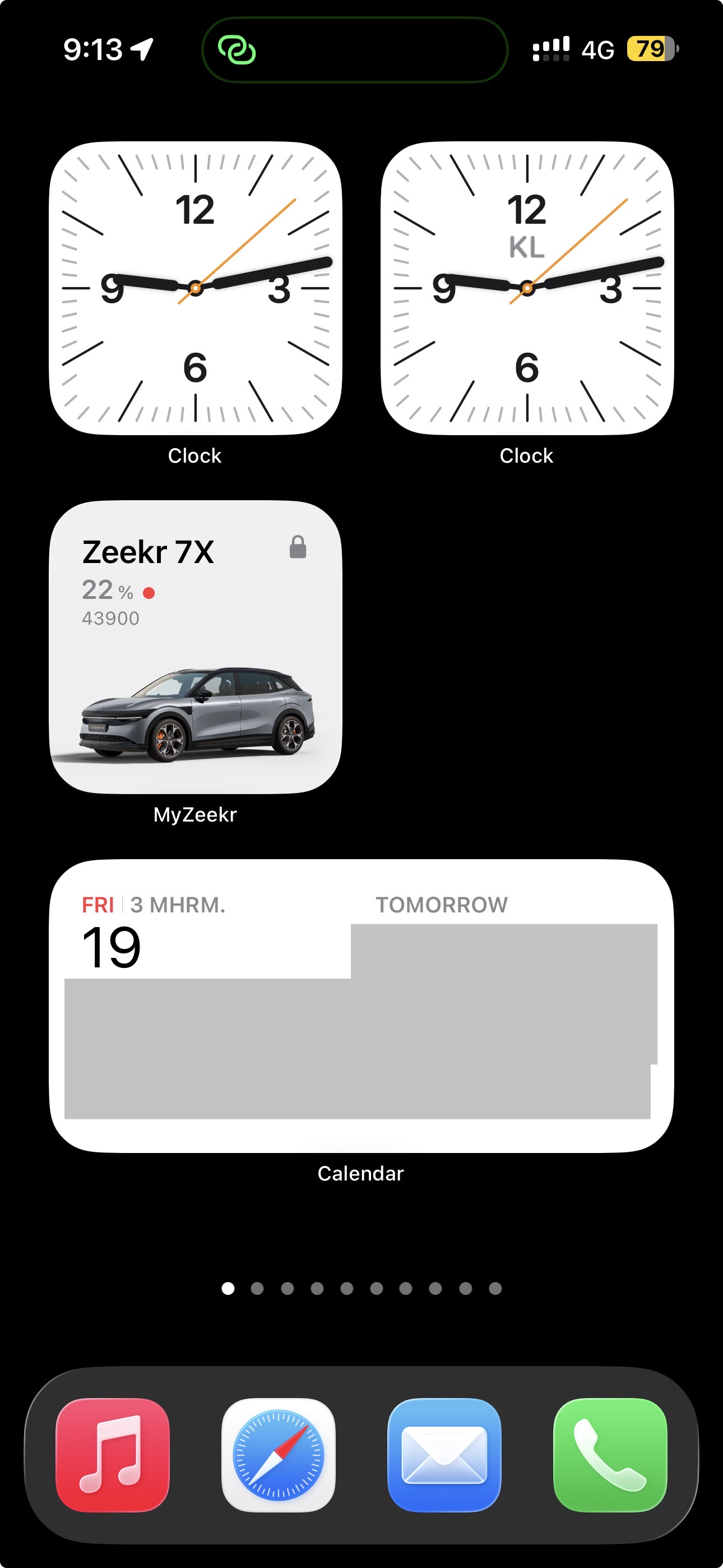 MyZeekr Small widget on iOS Home Screen — battery percent, range, and lock state at a glance.